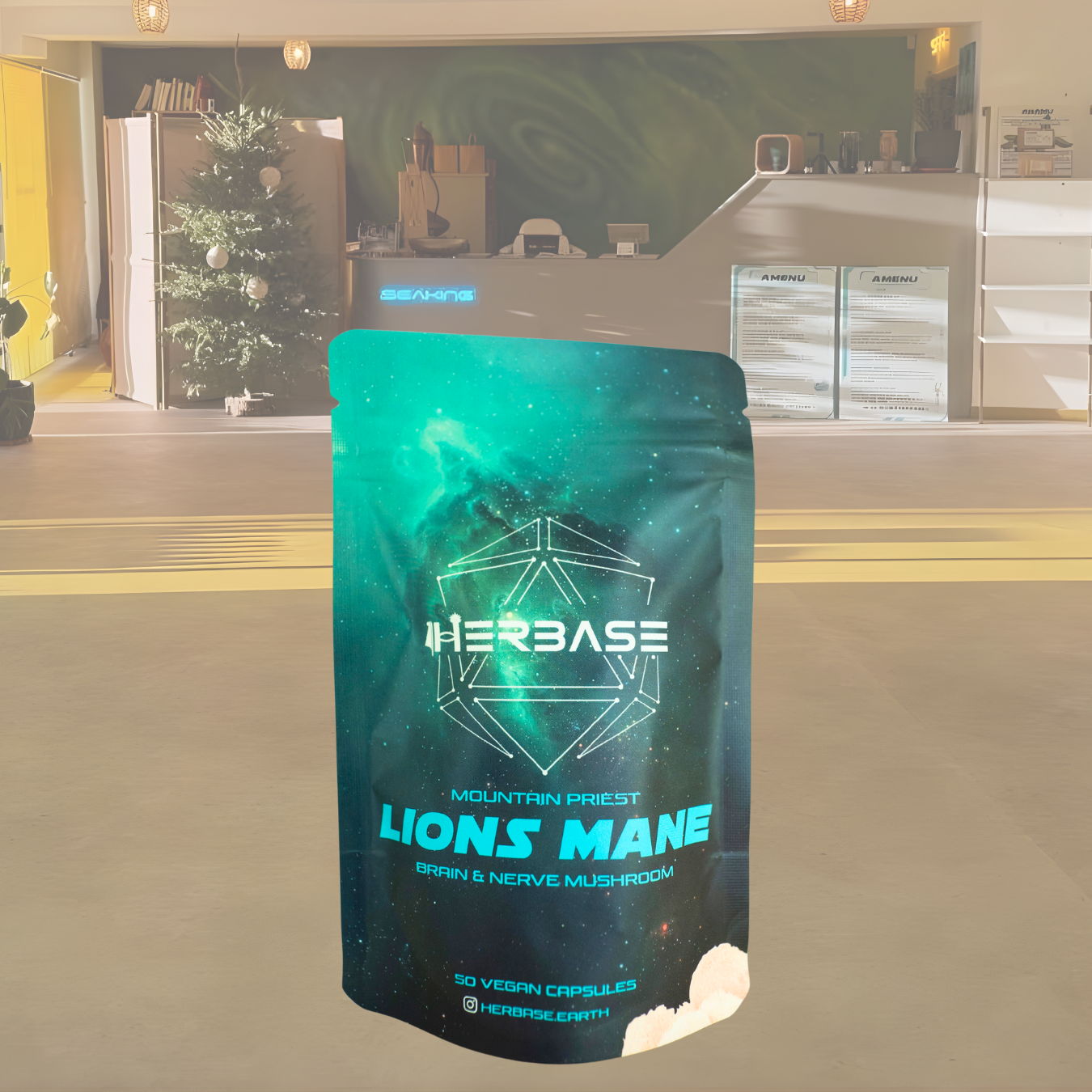 Herbase Lions Mane supplement package in a store setting.