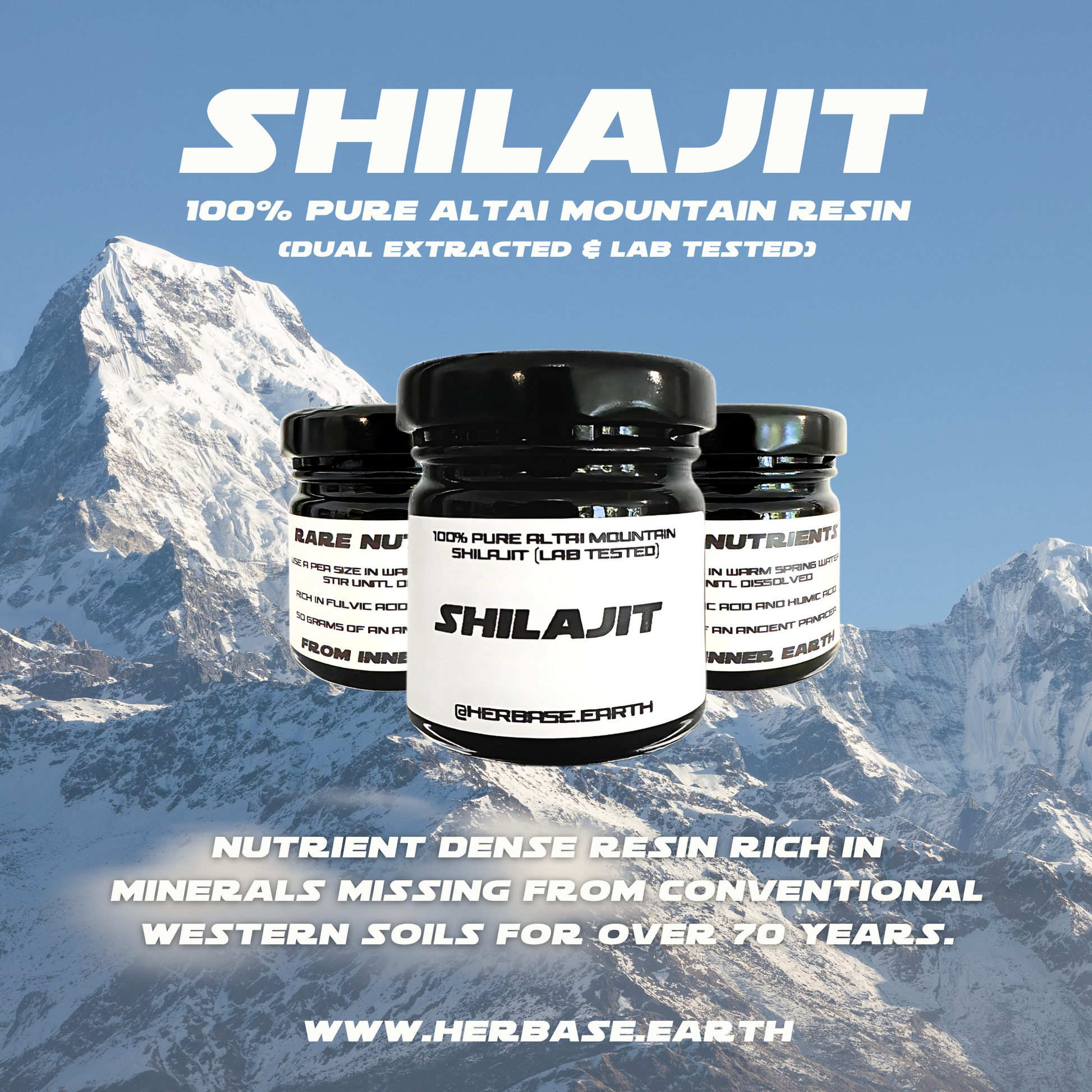 Herbase Shilajit Resin promotional poster with background highlighting product features and benefits