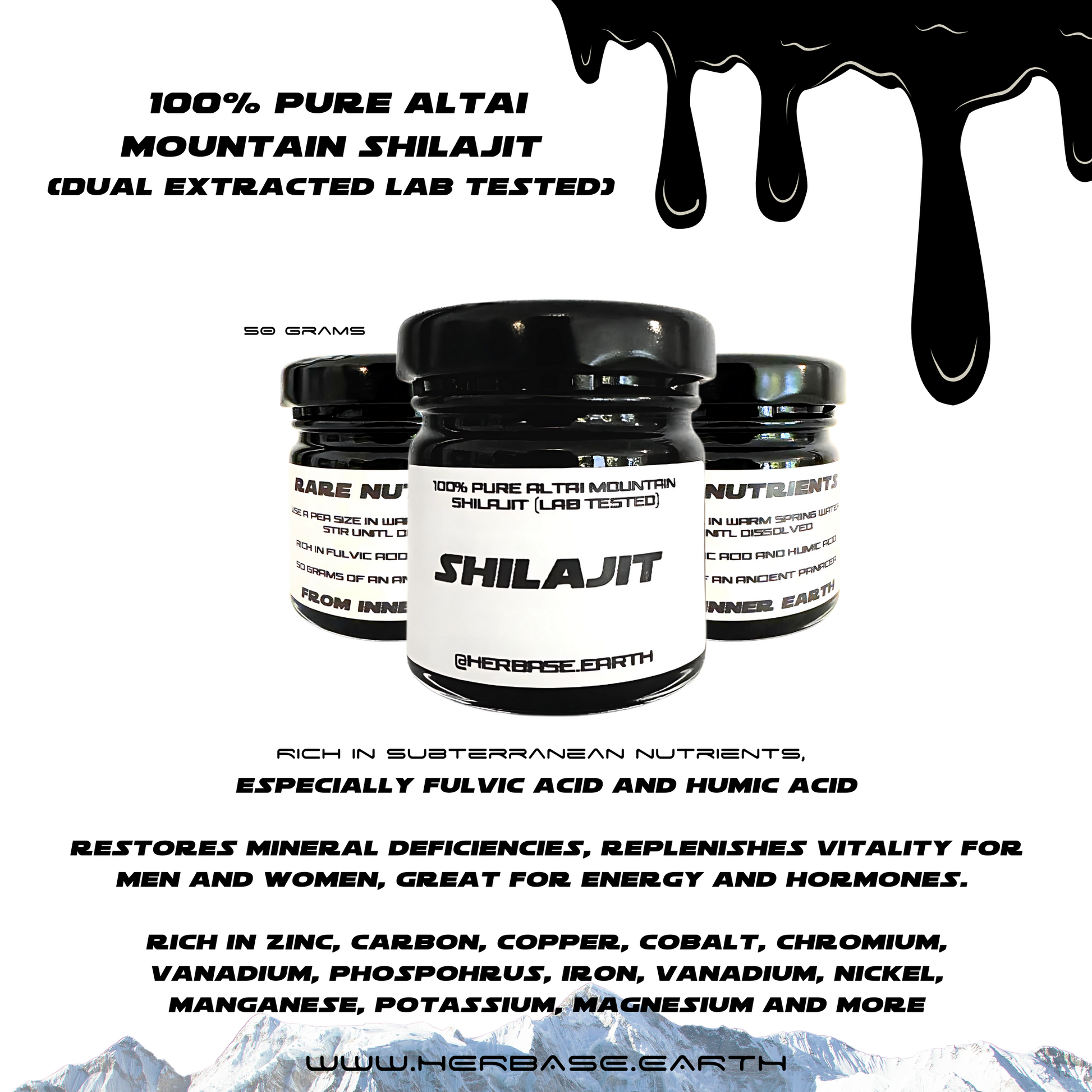 Herbase Shilajit Resin showing key minerals and nutrients it is rich in for wellness support