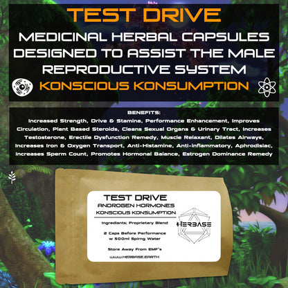 Herbase Test Drive – Men's Health and Performance Formula main product image showing bottle and key benefits for vitality and performance